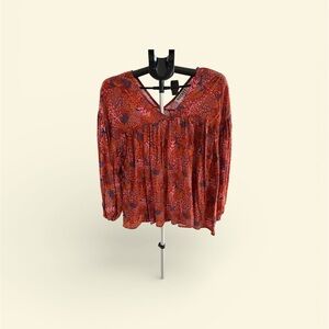 Bucketlist Boho Floral Peasant Blouse – Rust/Red Print – Long Sleeve-NWOT